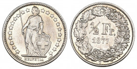 Schweiz / Switzerland / Suisse Eidgenossenschaft
½ Franken 1877. 2,49 g. Divo 61. HMZ 2-1206b. Sehr seltene Erhaltung bis unzirkuliert