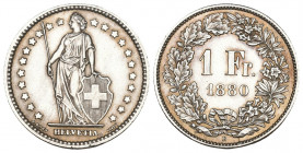 Schweiz / Switzerland / Suisse Eidgenossenschaft
1 Franken 1880. 4.96 g. Divo 73. HMZ 2-1204d bis unzirkuliert