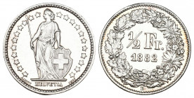 Schweiz / Switzerland / Suisse Eidgenossenschaft
½ Franken 1882. 2.46 g. HMZ 2-1206f. Fast FDC minimal gereinigt