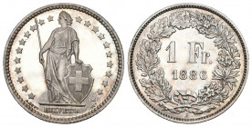 Schweiz / Switzerland / Suisse Eidgenossenschaft
1 Franken 1886. 5.00 g. Divo 100. HMZ 2-1204e. FDC Prachtexemplar