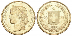 Schweiz / Switzerland / Suisse Eidgenossenschaft / Confederation
20 Franken 1888. Helvetiakopf mit Diadem nach links. Rv. Schweizer Wappenschild zwisc...