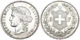 Schweiz / Switzerland / Suisse Eidgenossenschaft.
5 Franken 1889 B, Bern HMZ 2-1198b. Sehr selten sehr schön