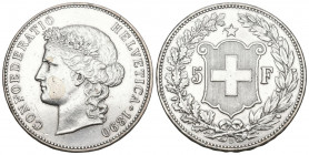 Schweiz / Switzerland / Suisse Eidgenossenschaft.
5 Franken 1890 B, Bern. 24.97 g. Divo 116. HMZ 2-1198c vorzüglich