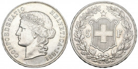 Schweiz / Switzerland / Suisse Eidgenossenschaft. 5 Franken 1891 B, Bern. 24.99 g. Divo 121. HMZ 2-1198d bis unzirkuliert