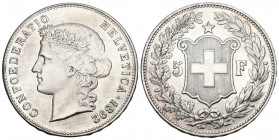 Schweiz / Switzerland / Suisse Eidgenossenschaft. 5 Franken 1892 B, Bern. 24.93 g. . HMZ 2-1198f. Vorzüglich-FDC / Extremely fine-uncirculated.minimal...