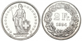 Schweiz / Switzerland / Suisse Eidgenossenschaft
2 Franken 1894. 10.01 g. Divo 136. HMZ 2-1202f. Fast unzirkuliert minimal gereinigt