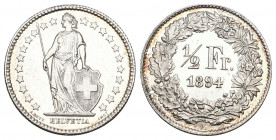 Schweiz / Switzerland / Suisse Eidgenossenschaft
½ Franken 1894. 2.51 g. Divo 14. HMZ 2-1206g. Attraktive Patina. Fast FDC