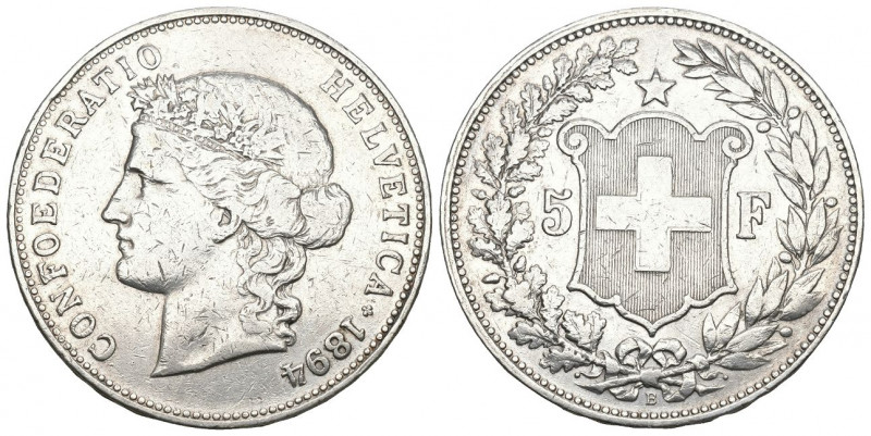 Schweiz / Switzerland / Suisse Eidgenossenschaft.
5 Franken 1894 B, Bern HMZ 2-...