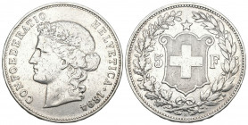 Schweiz / Switzerland / Suisse Eidgenossenschaft.
5 Franken 1894 B, Bern HMZ 2-1198f. Seltener Jahrgang / Rare date sehr schön +