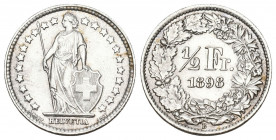Schweiz / Switzerland / Suisse Eidgenossenschaft
½ Franken 1898. 2.48 g. Divo 166. HMZ 2-1206i. Fast FDC