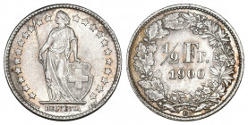 Schweiz / Switzerland / Suisse Eidgenossenschaft. 1/2 Franken 1900 B, Bern. Divo 183. HMZ 2-1206k. Äusserst seltene Erhaltung / Extremely rare conditi...