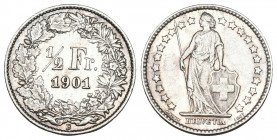 Schweiz / Switzerland / Suisse Eidgenossenschaft. 1/2 Franken 1901 B, Bern. Divo 192. HMZ 2-1206l. Äusserst seltene Erhaltung / Extremely rare conditi...