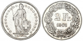 Schweiz / Switzerland / Suisse Eidgenossenschaft.
2 Franken 1901 B, Bern. 9.99 g. Divo 190. HMZ 2-1202h. vorzüglich