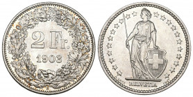 Schweiz / Switzerland / Suisse Eidgenossenschaft
2 Franken 1903. 9.97 g. Divo 203. HMZ 2-1202i. Fast FDC