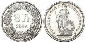 Schweiz / Switzerland / Suisse Eidgenossenschaft
2 Franken 1904. 9.92 g. Divo 213. HMZ 2-1202j. Fast FDC