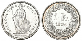 Schweiz / Switzerland / Suisse Eidgenossenschaft.
1 Franken 1904 B, Bern. 4.96 g. Divo 214. HMZ 2-1204n. Selten in dieser Erhaltung / Rare in this con...