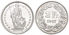 Schweiz / Switzerland / Suisse Eidgenossenschaft. 2 Franken 1907 B, Bern. Divo 237. HMZ 2-1202m bis vorzüglich