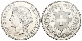 Schweiz / Switzerland / Suisse Eidgenossenschaft.
5 Franken 1908 B, Bern. 25.02 g. Divo 246. HMZ 2-1198l. Fast FDC / About uncirculated.