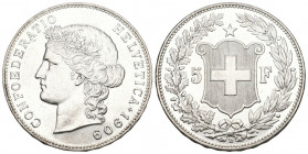 Schweiz / Switzerland / Suisse Eidgenossenschaft.
5 Franken 1909 B, Bern. 25.01 g. Divo 256. HMZ 2-1198m. fast FDC
