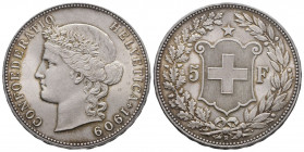 Schweiz / Switzerland / Suisse Eidgenossenschaft.
5 Franken 1909 B, Bern. 25.01 g. Divo 256. HMZ 2-1198m. FDC