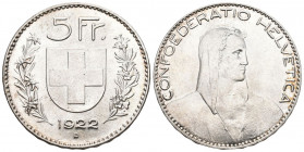 Schweiz / Switzerland / Suisse Eidgenossenschaft 1922 5 Franken Silber seltene Qualität 25g fast FDC