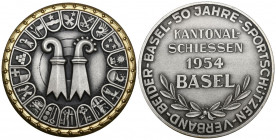 Basel. Versilberte und vergoldete Bronzemedaille 1954. Basel. Sportschützenverband beider Basel. Kantonalschiessen. 54.21 g. Richter (Schützenmedaille...