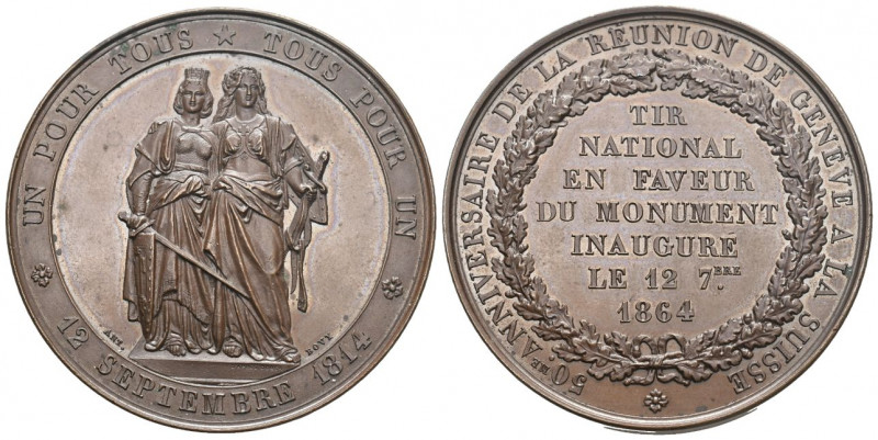 Genf/Genève. Kupfermedaille 1864. Genève. Tir national. 58.87 g. Richter (Schütz...