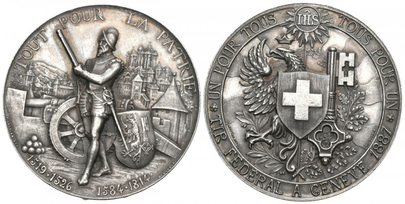 Genf/Genève. Silbermedaille 1887. Genève. Tir fédéral. 38.47 g. Richter (Schütze...