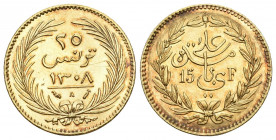 TUNESIEN. Ali Bei, 1882-1902. 25 Piaster / 15 Francs AH 1308 = 1890, Paris.
Friedb. 11, KM 214, Schlumb. 613 Gold vorzüglich aus Fassung