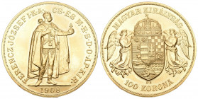 UNGARN Goldmünzen in Kronenwährung für Ungarn nach Einführung der Goldwährung 1892
100 Kronen 1908 KB, Kremnitz. Offizielle Nachprägung. 30,49 g Fein...
