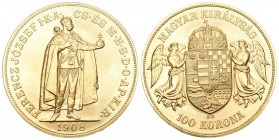 UNGARN Goldmünzen in Kronenwährung für Ungarn nach Einführung der Goldwährung 1892
100 Kronen 1908 KB, Kremnitz. Offizielle Nachprägung. 30,49 g Fein...