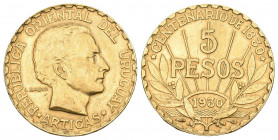 URUGUAY. Republik seit 1830 5 Pesos 1930. 100-Jahrfeier der Republik. 7,77 g Feingold. Fb. 6. ss-vz