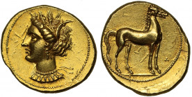 Carthage, gold Stater, c.350-320 BC, head of Tanit left, wearing grain wreath, triple-pendant earring and necklace, rev. horse standing right, three p...