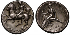 Calabria, Tarentum, silver Nomos, 355-340 BC, warrior riding horse left, holding small shield, Λ in field below, all within border of waves, rev. TAPA...