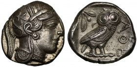 Attica, Athens, silver Tetradrachm, c.454-404 BC, head of Athena right, wearing crested Attic helmet and pearl necklace, rev. ΑΘΕ, owl standing right ...