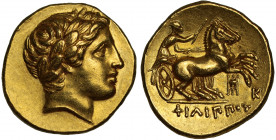 Kings of Macedon, Philip II (359-336 BC), posthumous gold Stater, Amphipolis (?), struck under Kassander (c.323/2-315 BC), head of Apollo right, weari...