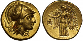 Kings of Macedon, Alexander the Great (336-323 BC), gold Stater, “Amphipolis”, 330-320 BC, head of Athena right, wearing a crested Corinthian helmet d...
