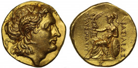 Kings of Thrace, gold Stater, in the name and types of Lysimachos, Byzantion, c.270-early 260s BC, diademed head of the deified Alexander right, with ...