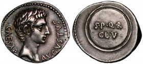 Augustus 27 BC–AD 14, silver Denarius, uncertain Spanish mint, 19-18 BC, CAESAR AVGVSTVS, bare head right, rev. S.P.Q.R. / CL. V, in two lines on shie...