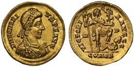 Honorius (AD 393-423), gold Solidus, Mediolanum, AD 395-402, D N HONORIVS P F AVG, pearl-diademed bust of Honorius right, draped and cuirassed, rev. V...