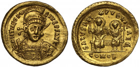 Theodosius II (AD 402-450), gold Solidus, Constantinople, AD 425-429, D N THEODO-SIVS P F AVG, pearl-diademed, helmeted and cuirassed bust facing, hol...