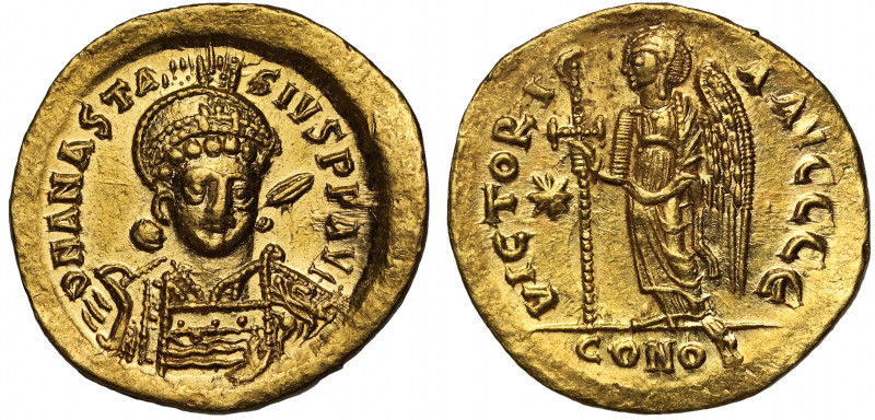 Anastasius I (AD 491-518), gold Solidus, Constantinople, officina Є, D N ANASTA-...