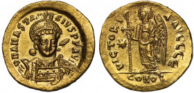 Anastasius I (AD 491-518), gold Solidus, Constantinople, officina Є, D N ANASTA-SIVS P P AVG, helmeted and cuirassed bust facing, slightly inclined to...