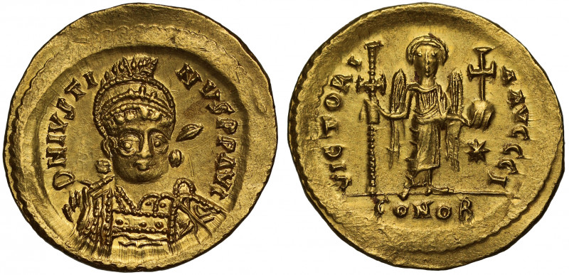 Justin I (AD 518-527), gold Solidus, Constantinople, officina I, D N IVSTI-NVS P...