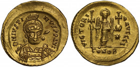 Justin I (AD 518-527), gold Solidus, Constantinople, officina I, D N IVSTI-NVS P P AVG, helmeted and cuirassed bust facing, slightly inclined to right...