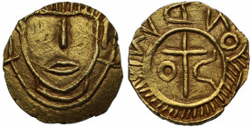 MS62 | Early Anglo-Saxon Period (600-775), gold Thrymsa, Substantive Gold Phase (c.630-50), London, type III.i, crude facing bust, crosses flanking, r...