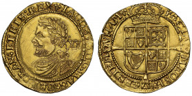 AU53 | James I (1603-25), gold Laurel, third coinage (1619-25), fourth laureate and draped bust left, hair ties form bracket, value behind, legend and...