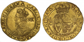 AU55 | Charles I (1625-49), gold Unite, Tower Mint, group F, sixth crowned ‘Briot’s’ bust left with stellate lace collar, value XX in field behind, le...
