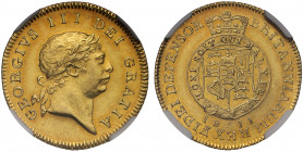 AU58 | George III (1760-1820), gold Half Guinea, 1811, seventh laureate head right, legend surrounding, GEORGIVS III DEI GRATIA, rev. quartered shield...