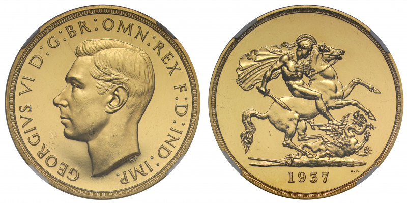 PF62* | George VI (1936-52), gold Proof Five Pounds, 1937, bare head left, initi...